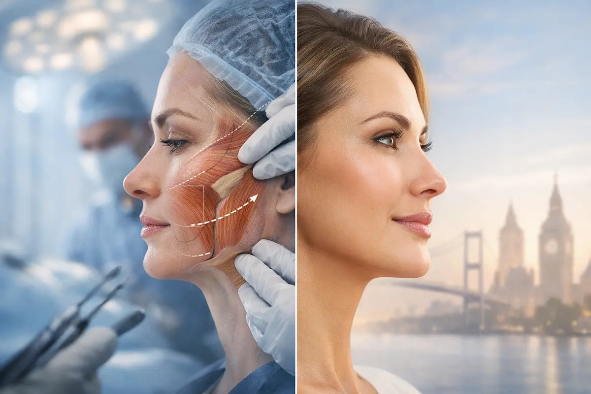 Revision Facelift surgery concept: surgeon planning deep-plane correction and a natural-looking profile outcome.