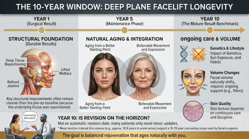 Infographic showing how long does deep plane facelift last at year 10, with aging factors, volume changes, and revision timing.
