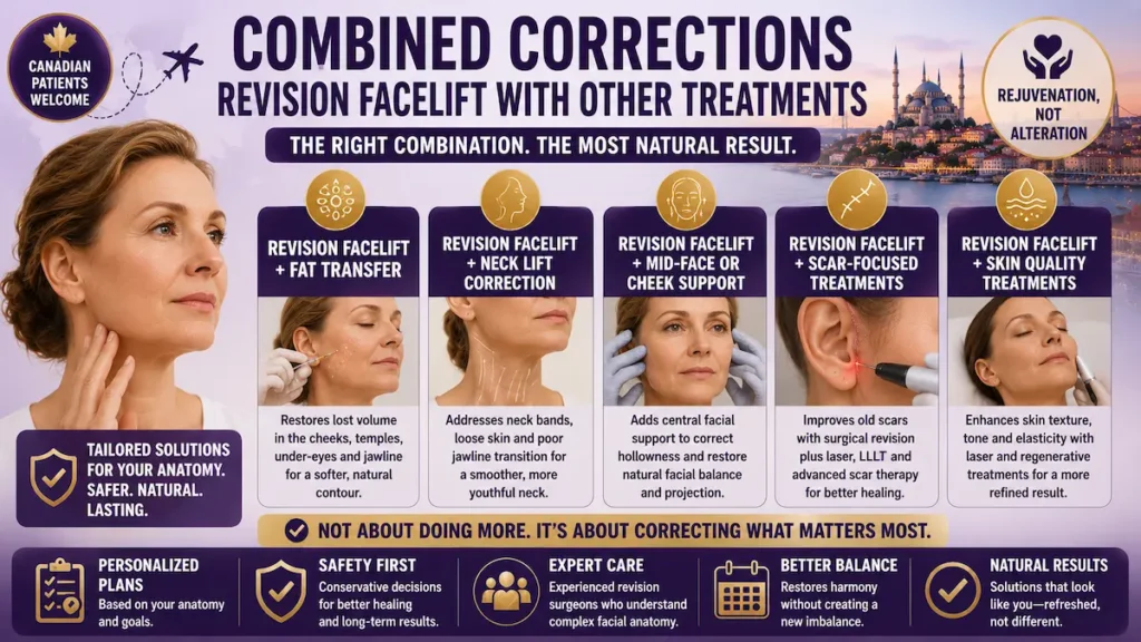 Revision facelift with other treatments showing fat transfer, neck lift correction, scar care, and skin support.