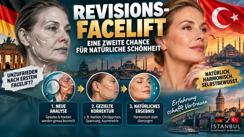 Revisions-Facelift: symbolische Darstellung von Analyse, gezielter Korrektur und natürlichem Ergebnis in Istanbul