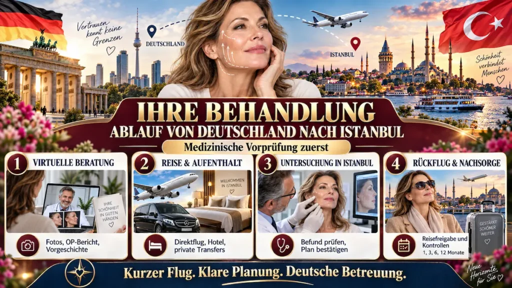 Revisions-Facelift: Behandlungsablauf von Deutschland nach Istanbul mit Beratung, Untersuchung, Rückflug und Nachsorge