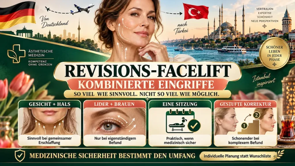 Revisions-Facelift mit kombinierten Eingriffen an Gesicht, Hals, Lidern und Brauen sowie gestufter Korrektur