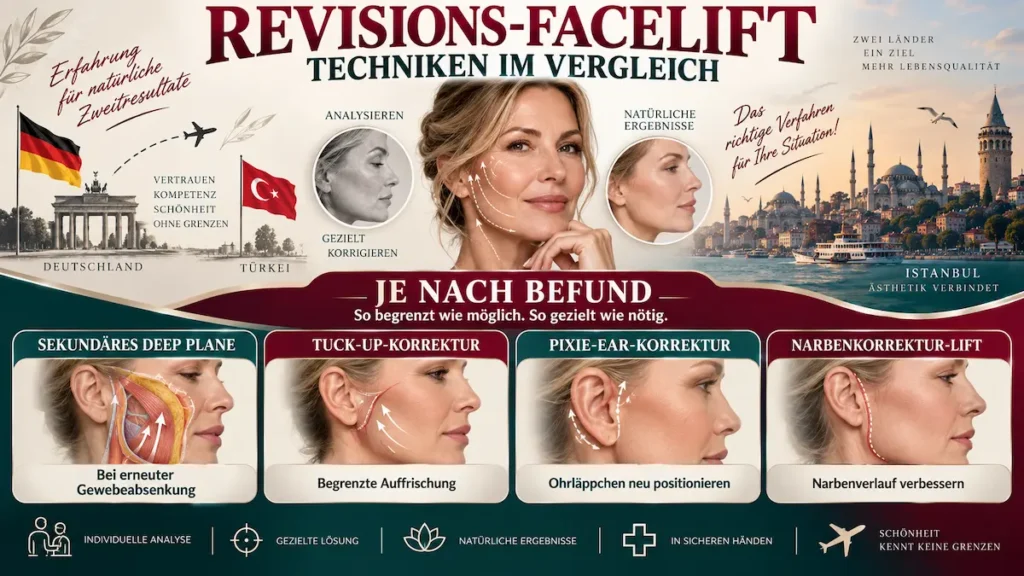 Revisions-Facelift: Vergleich von sekundärem Deep Plane, Tuck-up-, Pixie-Ear- und Narbenkorrektur-Techniken