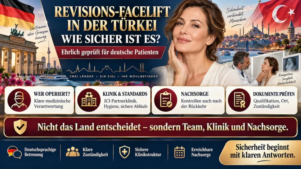 Revisions-Facelift in der Türkei: Infografik zu Operateur, Klinikstandards, Nachsorge und Dokumentenprüfung