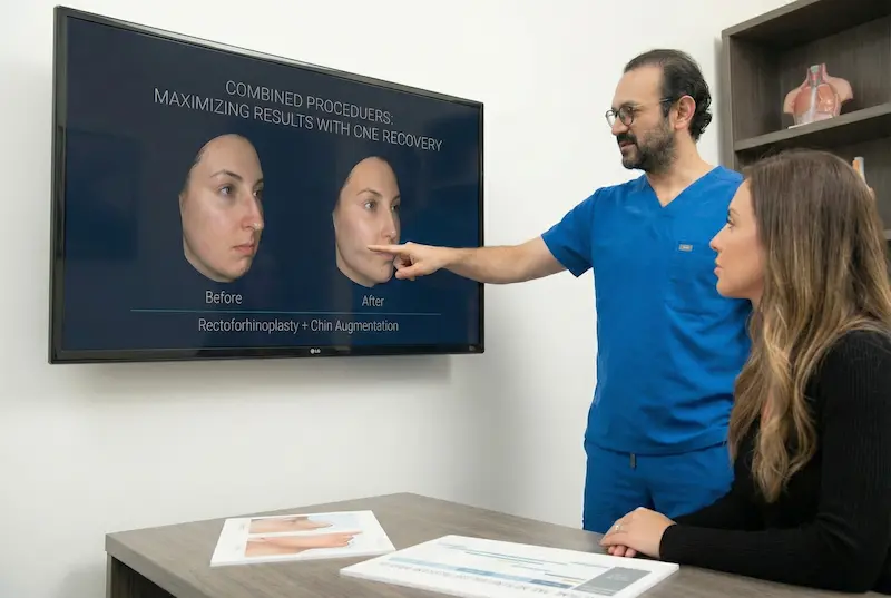 Rhinoplasty combined procedures consultation showing before-and-after imaging for nose job with chin augmentation planning.