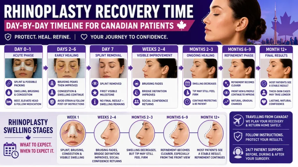 Rhinoplasty recovery time timeline for Canadian patients, showing day 0 to month 12 healing stages, splint removal, swelling reduction, aftercare, and return travel planning.
