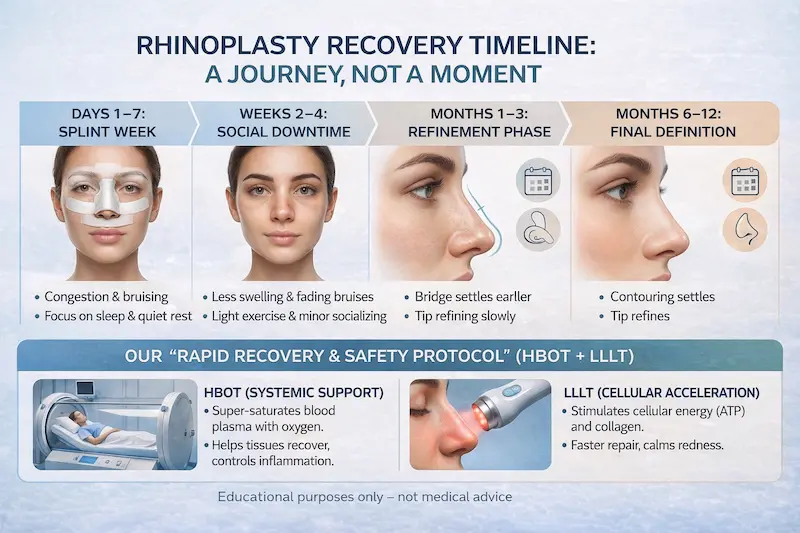 Rhinoplasty recovery timeline infographic showing days 1–7, weeks 2–4, months 1–3, and months 6–12 healing stages.