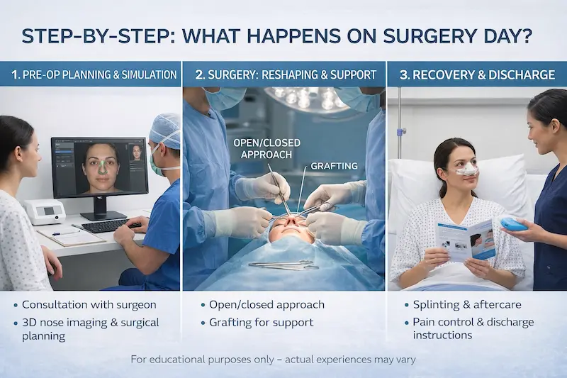 Rhinoplasty surgery step-by-step infographic showing pre-op planning, surgical reshaping/support, and recovery/discharge.