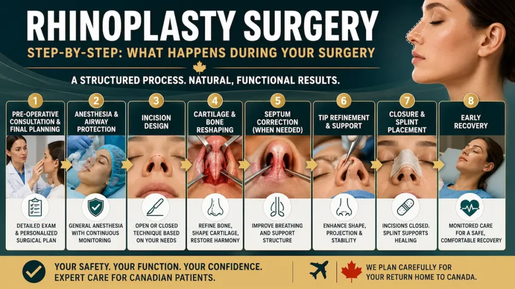 Rhinoplasty surgery step by step for Canadian patients, showing consultation, anesthesia, incision design, reshaping, septum correction, tip refinement, splint placement, and early recovery.