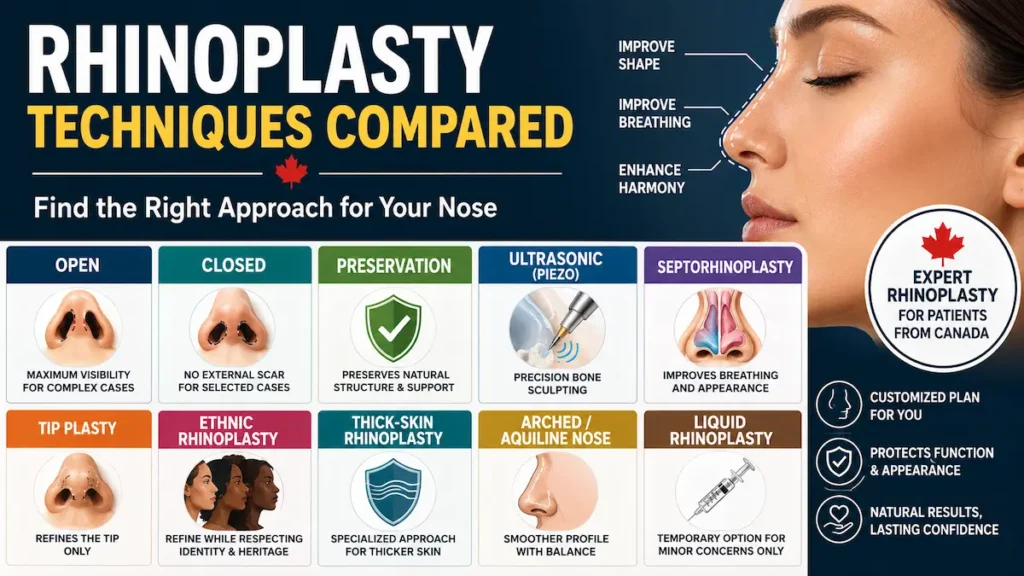 Rhinoplasty surgery techniques compared for Canadian patients, including open, closed, preservation, ultrasonic, septorhinoplasty, tip plasty, ethnic, thick-skin, arched nose, and liquid rhinoplasty options.