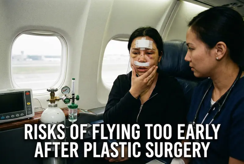 Flight Safety After Surgery warning image showing a post-op patient with facial bandages on an airplane, assisted by a medical staff member, highlighting risks of flying too early after plastic surgery.