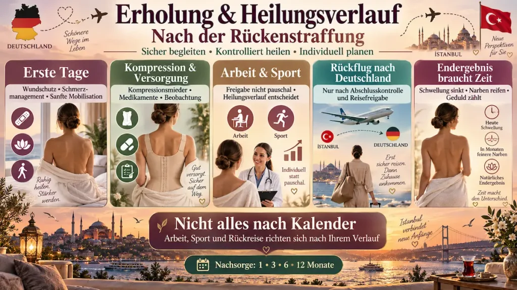 Rückenstraffung Türkei: Heilungsverlauf mit Kompression, Rückflug, Arbeit, Sport und langfristiger Nachsorge