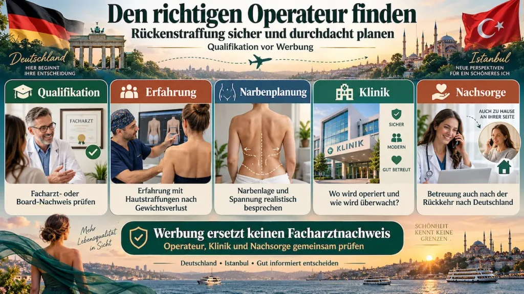 Rückenstraffung Türkei: Operateur nach Qualifikation, Erfahrung, Narbenplanung, Klinikstandard und Nachsorge auswählen