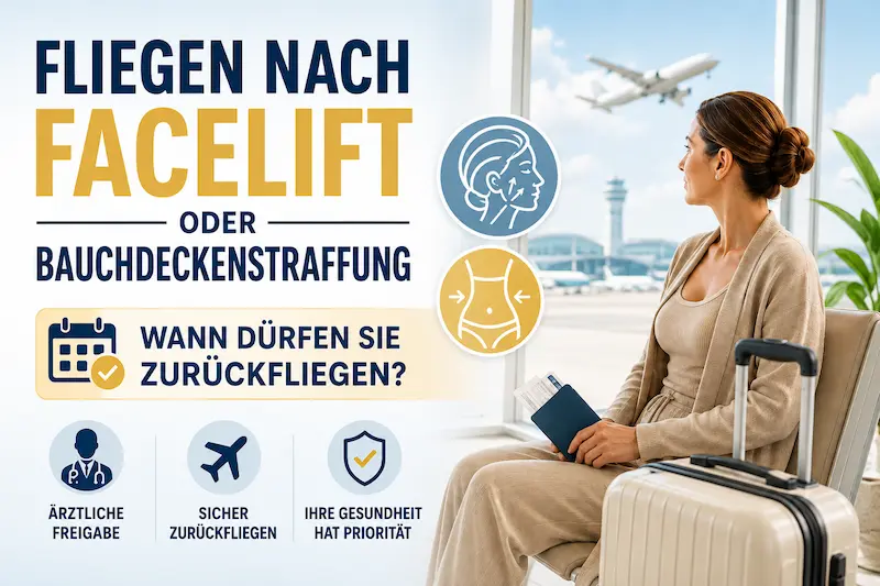 Fliegen nach Facelift: Patientin am Flughafen mit Koffer und ärztlicher Freigabe vor der Rückreise nach Deutschland.