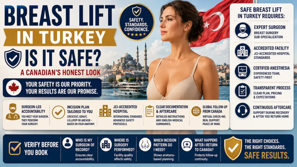 Safe breast lift in Turkey infographic showing surgeon accountability, accredited facility, anesthesia safety, aftercare, and Canadian patient checks.