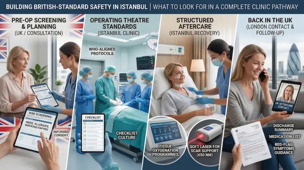 Hospital Accreditation Turkey pathway graphic showing UK pre-op screening, operating theatre safety, structured aftercare, and UK follow-up.