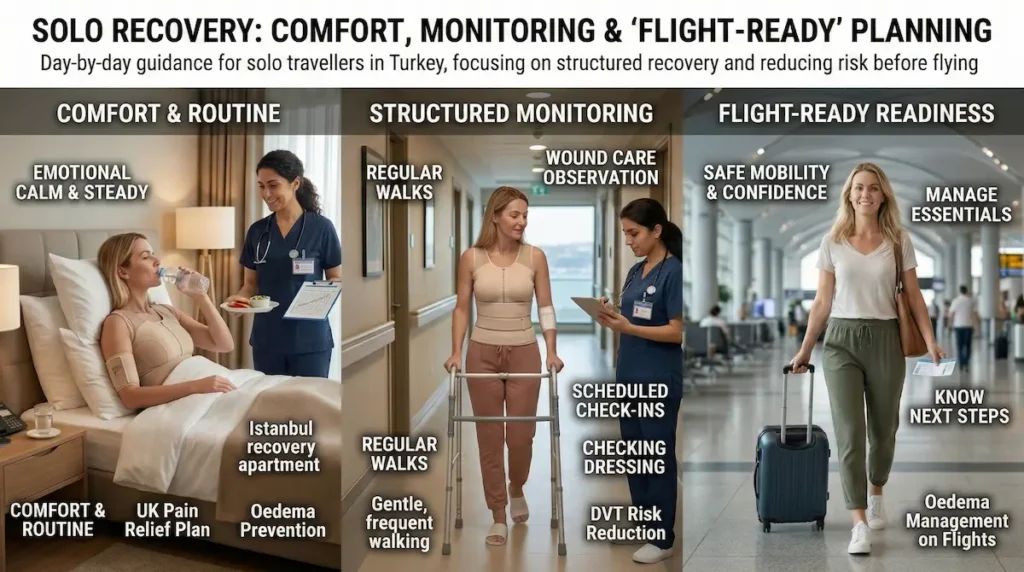 Travelling Solo for Surgery visual showing solo recovery in Istanbul with comfort routines, structured monitoring, wound checks, DVT risk reduction and flight ready planning for UK patients.