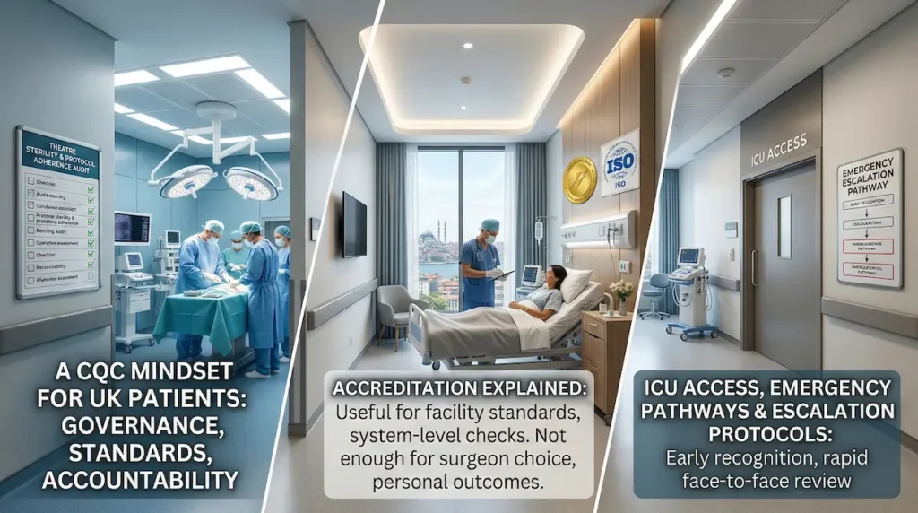Clinic and hospital standards graphic for UK readers asking “is it safe to travel to Turkey for surgery”, showing theatre governance, accreditation context, and ICU escalation pathways.