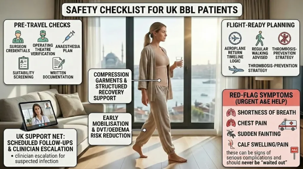 Is BBL Safer in Turkey safety checklist image for UK patients showing compression garments, early mobilisation, hydration, flight planning, and urgent A&E warning signs.