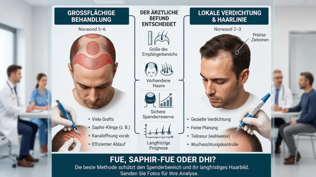 DHI oder FUE Haartransplantation: Infografik zu Befund, Empfängerfläche, Haarlinie und sicherer Spenderreserve.