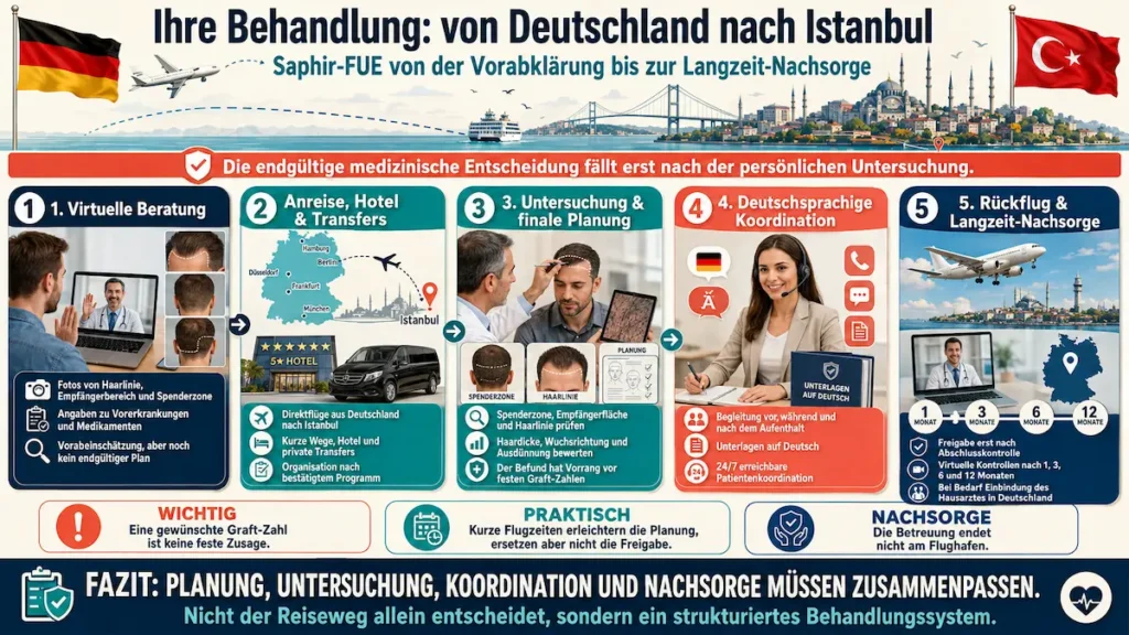 Saphir-FUE Haartransplantation Türkei: Infografik zu Beratung, Anreise, Untersuchung, deutschsprachiger Koordination und Nachsorge.