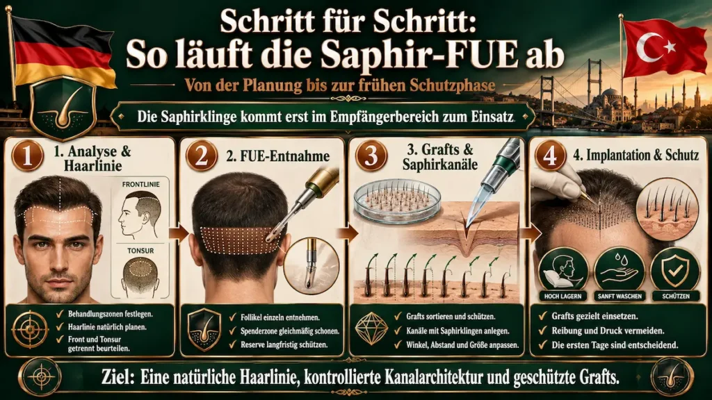 Saphir-FUE Haartransplantation Türkei: Infografik zu Analyse, FUE-Entnahme, Saphirkanälen, Implantation und Schutz der Grafts.