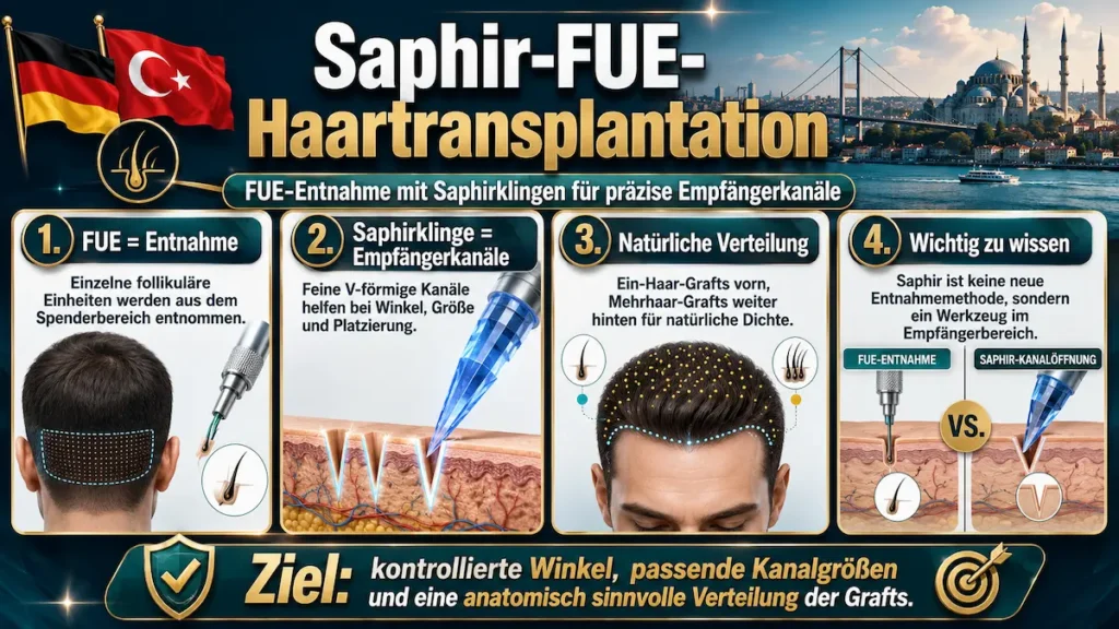 Saphir-FUE Haartransplantation Türkei: Infografik zur FUE-Entnahme und zu Saphirklingen für präzise Empfängerkanäle.