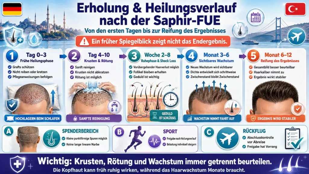 Saphir-FUE Haartransplantation Türkei: Infografik zum Heilungsverlauf von Tag 0 bis Monat 12 mit Krusten, Shock Loss und Haarwachstum.