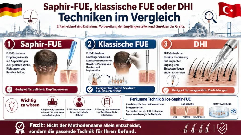 Saphir-FUE Haartransplantation Türkei: Vergleich von Saphir-FUE, klassischer FUE und DHI mit Kanaltechnik und Implantation.