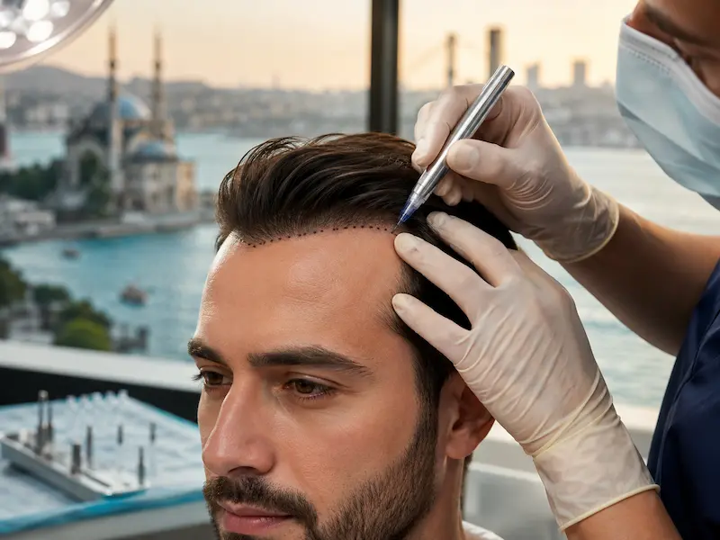 Saphir-Haartransplantation Türkei: Arzt markiert die geplante Haarlinie eines Patienten vor der Behandlung in Istanbul.