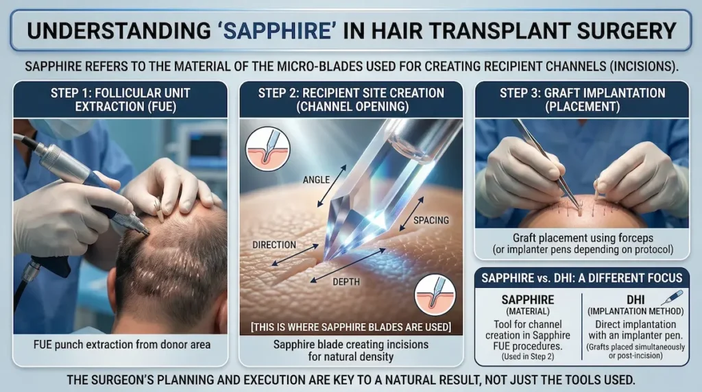 Sapphire Hair Transplant infographic showing FUE extraction, sapphire blade channel opening, and graft implantation steps.