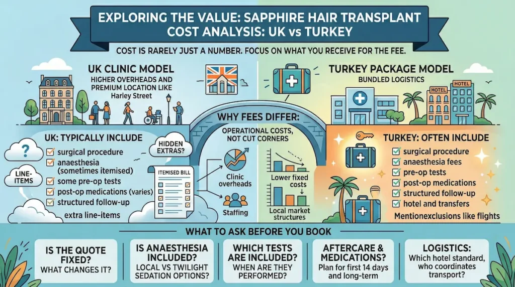 Sapphire Hair Transplant cost infographic comparing UK clinic pricing vs Turkey package model, showing what’s included and key questions to ask.