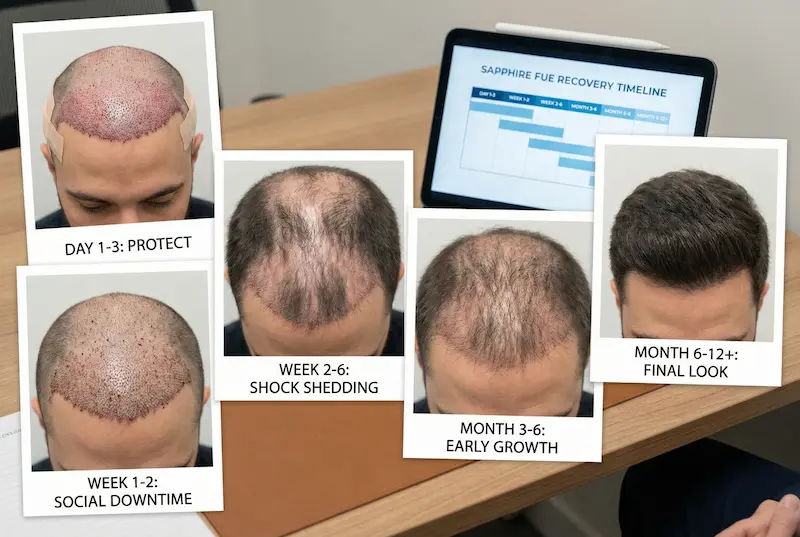 Sapphire FUE Hair Transplant Recovery timeline image showing day 1–3 protection, week 1–2 social downtime, week 2–6 shock shedding, month 3–6 early growth, and month 6–12+ final look.
