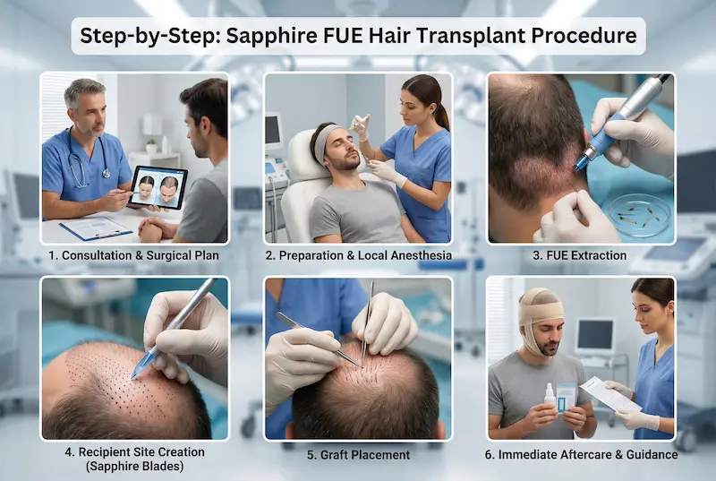 Sapphire FUE Hair Transplant step-by-step infographic showing consultation, local anesthesia, FUE extraction, sapphire blade recipient site creation, graft placement, and aftercare.