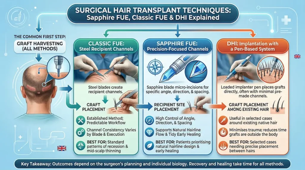 Sapphire Hair Transplant techniques infographic comparing Sapphire FUE vs classic FUE vs DHI, showing channel creation and graft placement differences