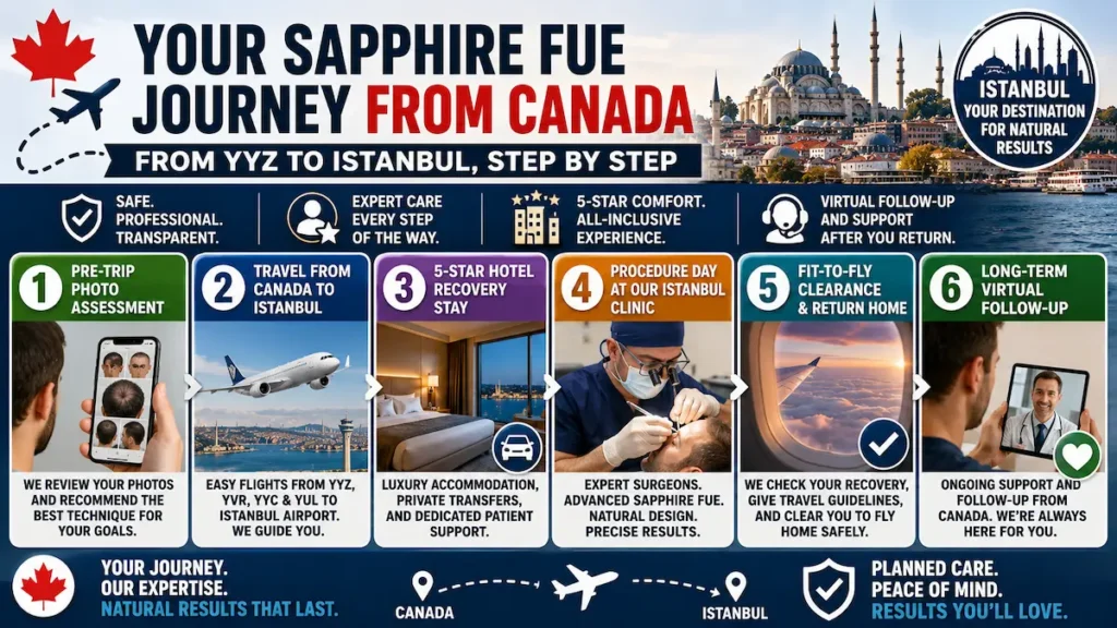 Sapphire FUE hair transplant journey from Canada to Istanbul showing photo assessment, travel, clinic visit, recovery, and follow-up.
