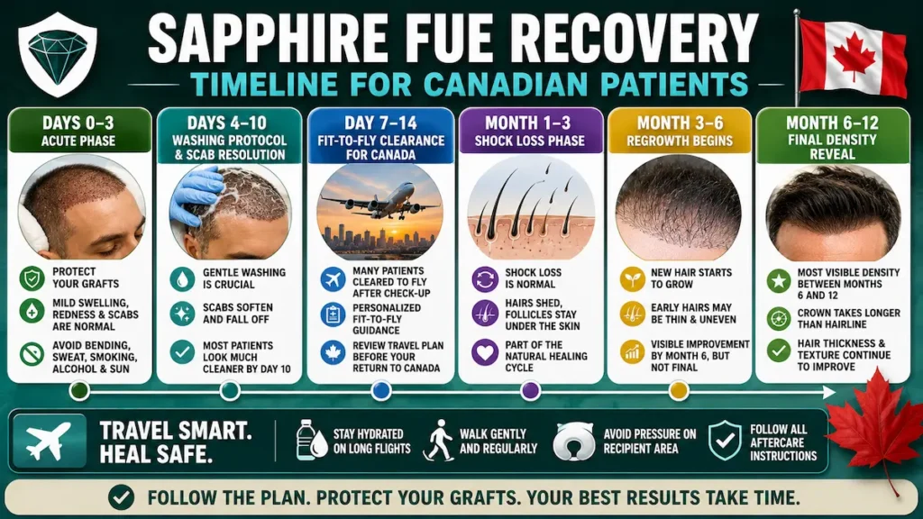 Sapphire FUE recovery timeline infographic for Canadian patients showing healing stages from days 0–3 to months 6–12.