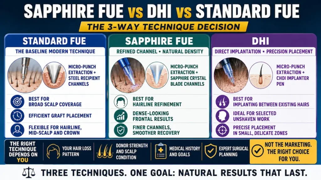Sapphire FUE vs DHI vs Standard FUE infographic comparing hair transplant techniques for Canadian patients.
