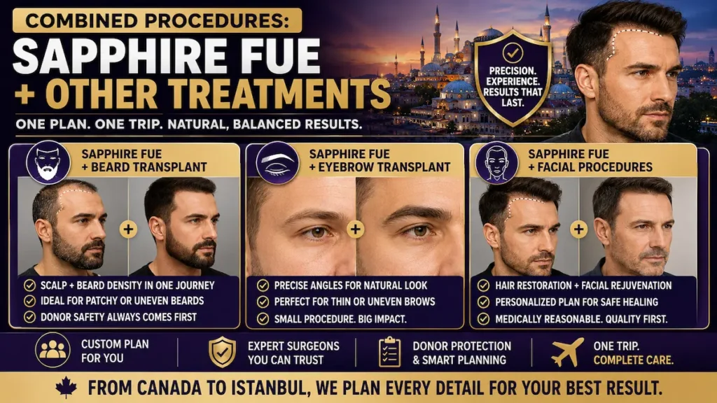 Sapphire FUE hair transplant combined with beard, eyebrow, and facial procedures for Canadian patients travelling to Istanbul.