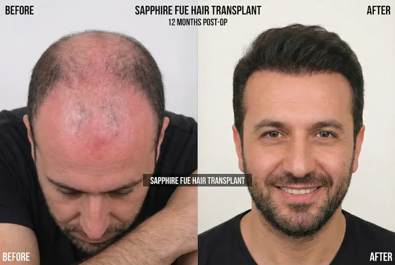 Sapphire Hair Transplant before and after photo showing thinning on top before treatment and fuller hair density at 12 months post-op (illustrative).