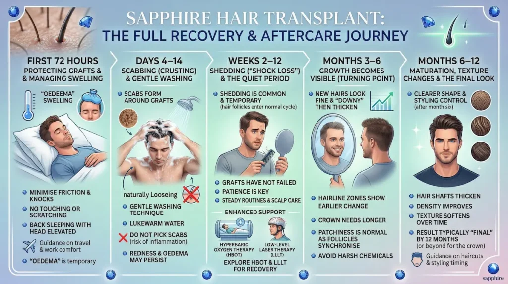 Sapphire Hair Transplant recovery timeline infographic showing aftercare steps from first 72 hours to 12 months, including shedding and regrowth phases