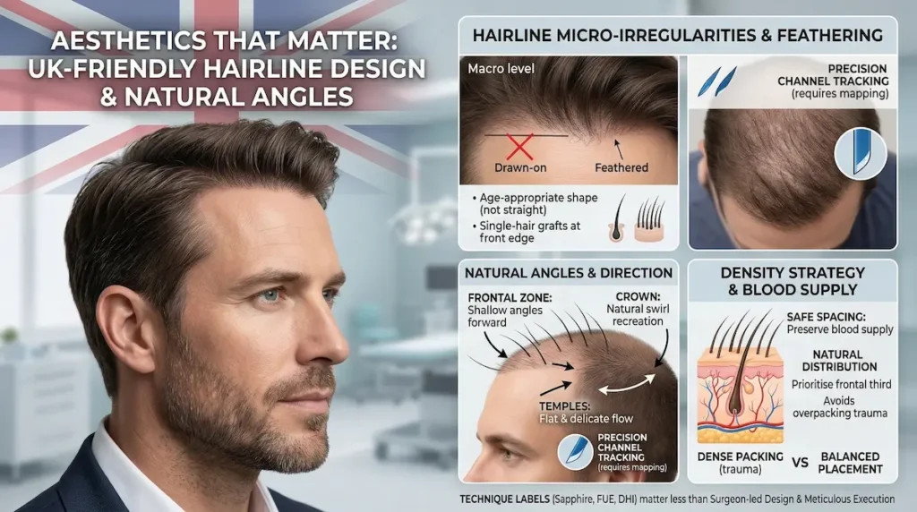 Sapphire Hair Transplant infographic showing UK-friendly hairline design, natural angles, feathering, and safe density planning.
