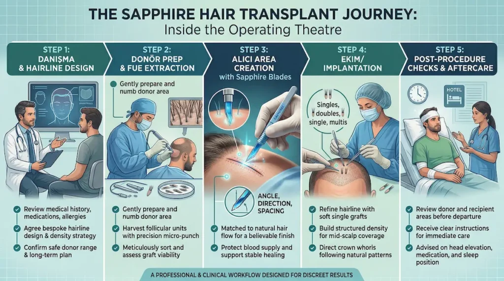 Sapphire Hair Transplant step-by-step infographic showing consultation, FUE extraction, sapphire blade channel creation, implantation, and aftercare