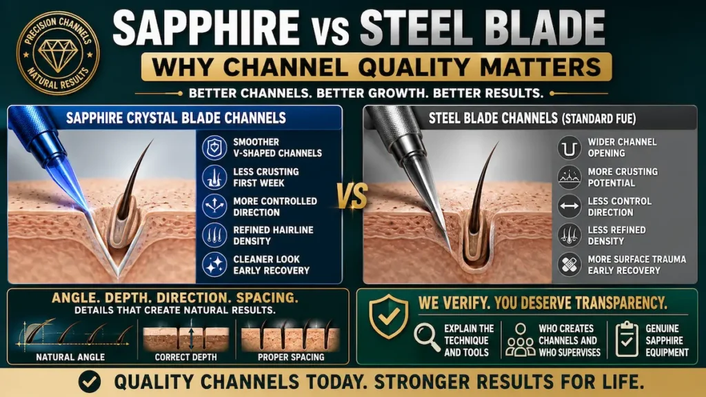 Sapphire FUE hair transplant infographic comparing sapphire vs steel blade channel quality.