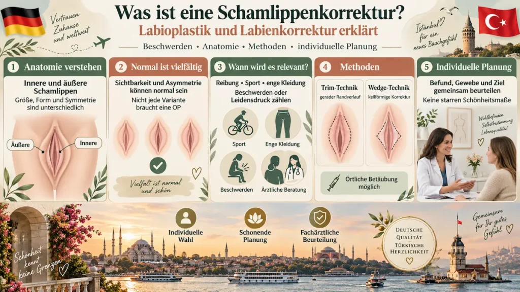 Infografik zur Schamlippenkorrektur mit Anatomie der Schamlippen, Trim- und Wedge-Technik sowie individueller ärztlicher Beratung.