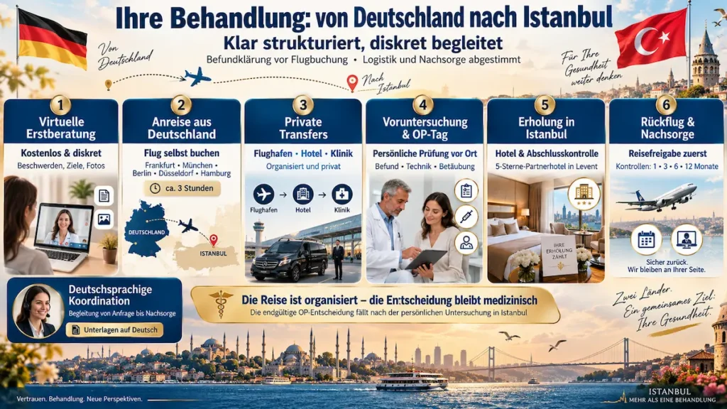 Infografik zur Schamlippenkorrektur mit Behandlungsablauf von Deutschland nach Istanbul: Beratung, Transfer, OP, Erholung und Nachsorge.