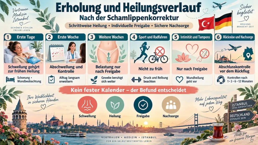 Infografik zum Heilungsverlauf nach der Schamlippenkorrektur mit Schwellung, Schonung, Sportpause, Nachsorge und Rückreise.