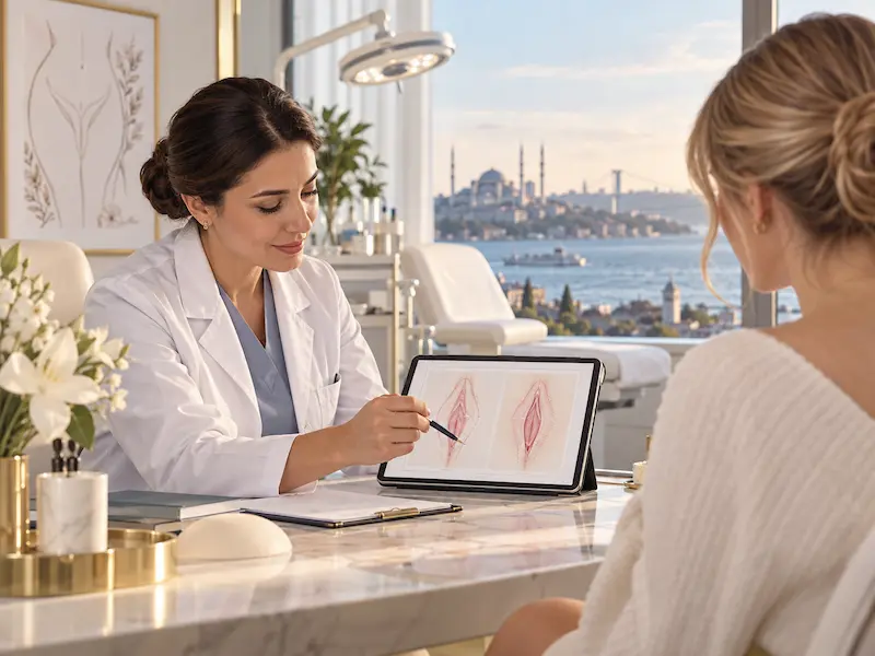 Ärztliches Beratungsgespräch zur Schamlippenkorrektur (Labioplastik) in der Türkei mit Darstellung möglicher Operationstechniken.