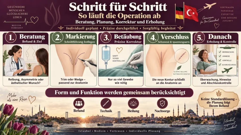 Infografik zur Schamlippenkorrektur: Beratung, Markierung, Betäubung, Gewebekorrektur, Verschluss und postoperative Kontrolle.