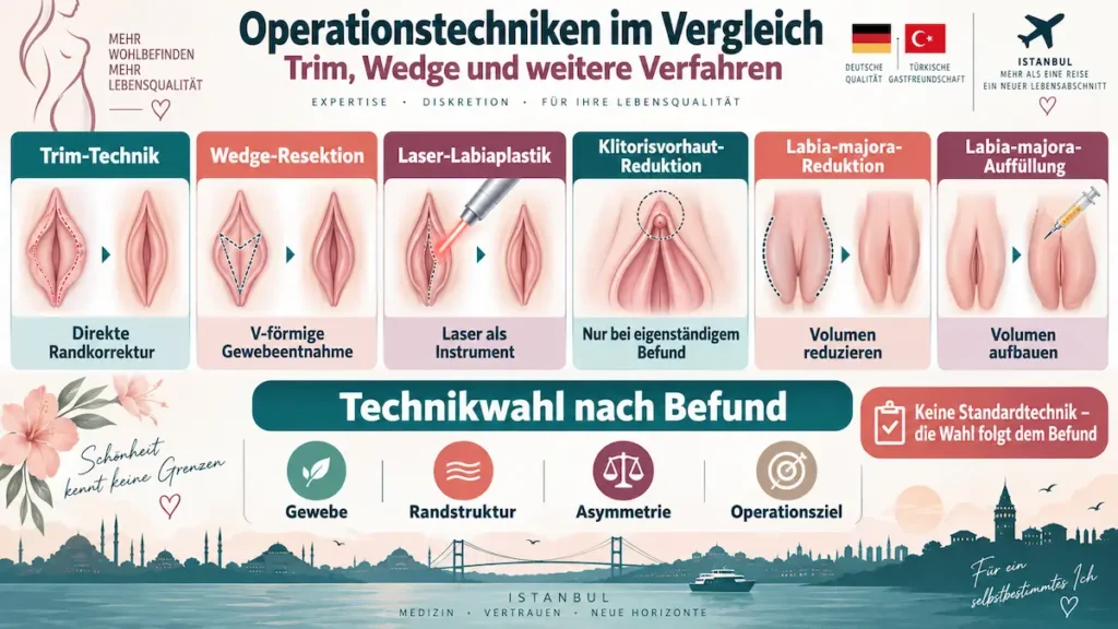 Infografik zur Schamlippenkorrektur mit Trim-Technik, Wedge-Resektion, Laser-Labiaplastik und weiteren Operationsverfahren im Vergleich.